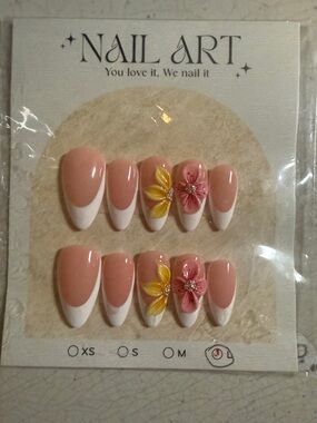 Hand Painted Acrylic Nude & Gold Press-On Nail Set with Rhinestones